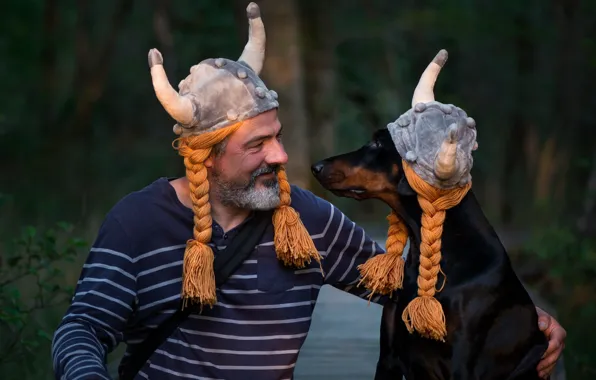 Look, smile, the dark background, each, mood, together, hat, dog