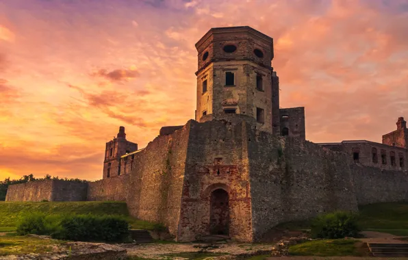 The sky, clouds, landscape, sunset, castle, wall, arch, tower