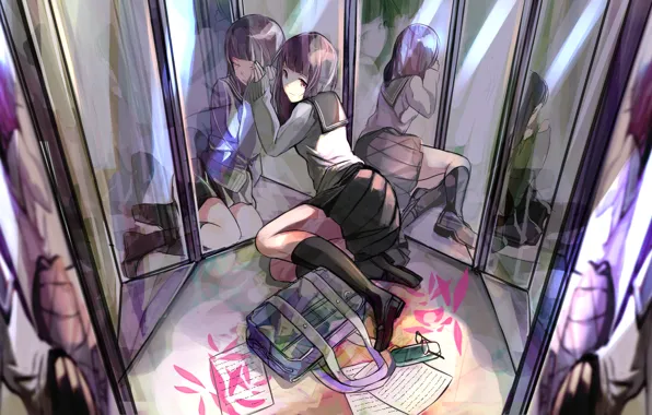 Girl, anime, art, glasses, form, schoolgirl, bag, mirror