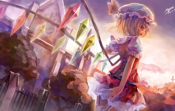 Wings, the demon, art, girl, crystals, touhou, flandre scarlet, myero