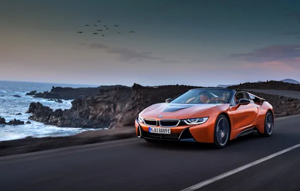 Rocks, coast, BMW, Roadster, 2018, i8, dark orange, i8 Roadster