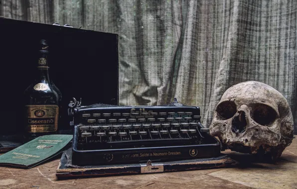 Skull, bottle, typewriter, passport