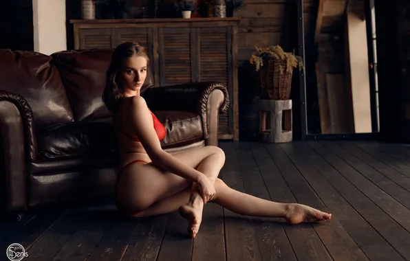 Girl, ass, model, brunette, couch, red lingerie, hips, red panties