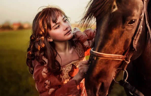 Girl, animal, horse, dress, brown hair, curls