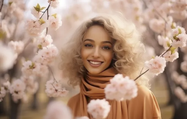Flowers, Girl, Look, Blonde, Smile, Digital art, AI art, The Art of Artificial Intelligence