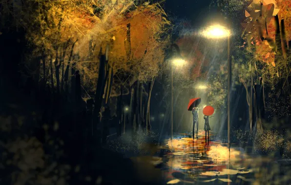 Woman, umbrella, Rain, lantern, male