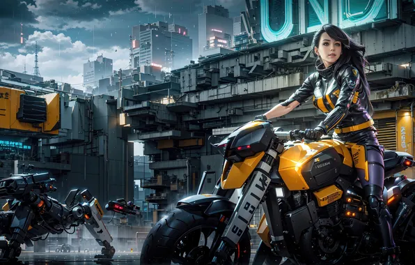 Girl, fantasy, bike, cyberpunk, robots