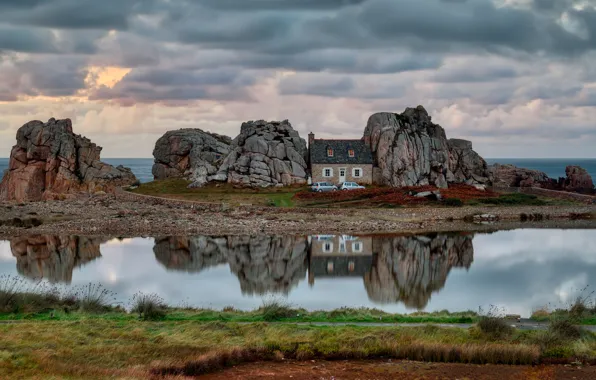 Sea, grass, water, landscape, machine, clouds, nature, house