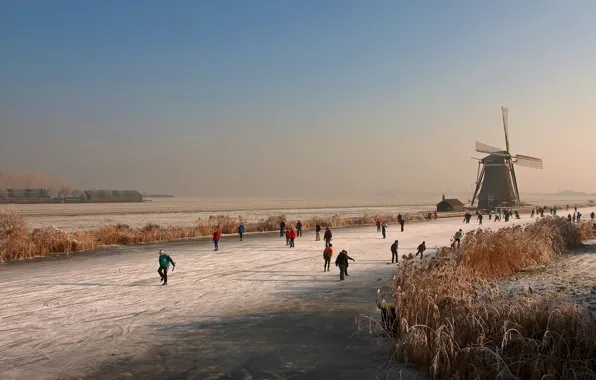 Ice, winter, river, mill, rink, Holland