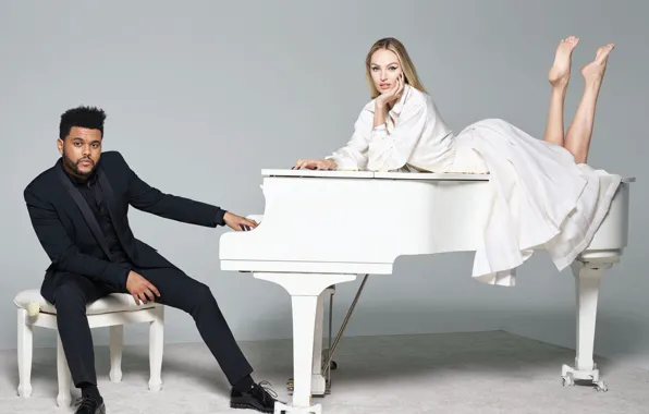 Girl, male, piano, Candice Swanepoel, Candice Swanepoel, The Weeknd, Harpers Bazaar