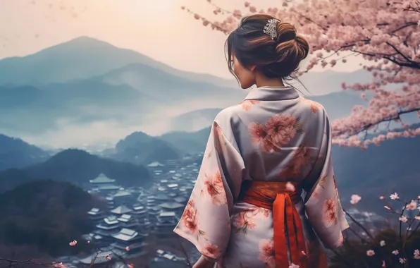 The sky, girl, clouds, flowers, mountains, fog, view, roses