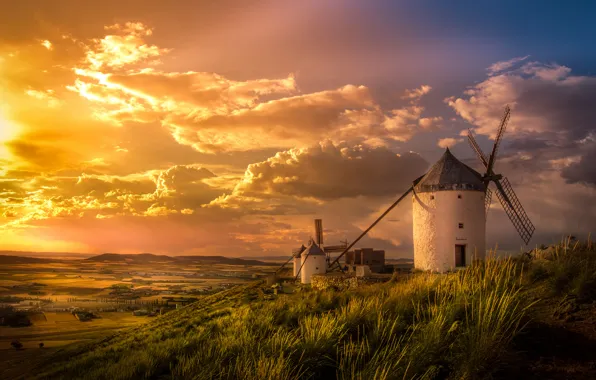 Picture the sky, valley, Spain, windmills