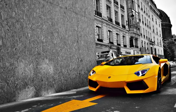 Picture road, yellow, the city, Lamborghini, Lamborghini, sports car, LP700-4, Aventador