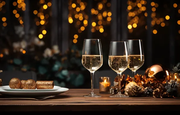Balls, lights, the dark background, table, holiday, wine, candle, glasses