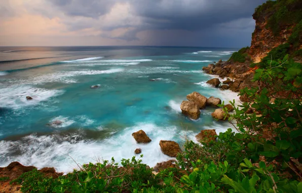 The sky, mountains, clouds, nature, green, tropics, the ocean, the wind