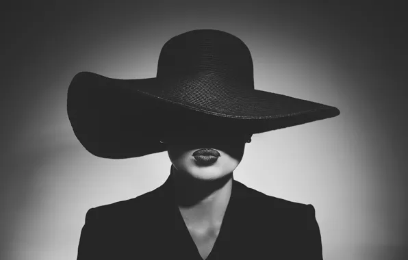 Picture style, retro, black and white, shadow, lighting, lips, hat, Noir
