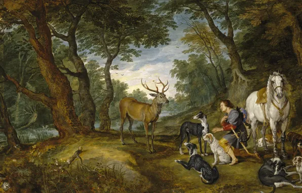 Forest, dogs, horse, picture, deer, mythology, Jan Brueghel the elder, The Vision Of St. Hubert
