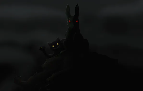 Picture eyes, cats, darkness, mountain, hare, silhouettes