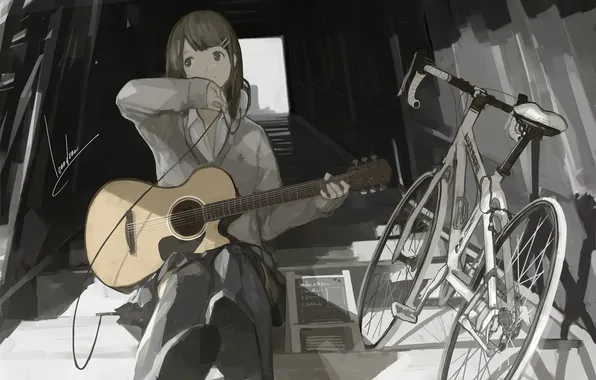 Girl, bike, art, wire, stage, loundraw, gitara