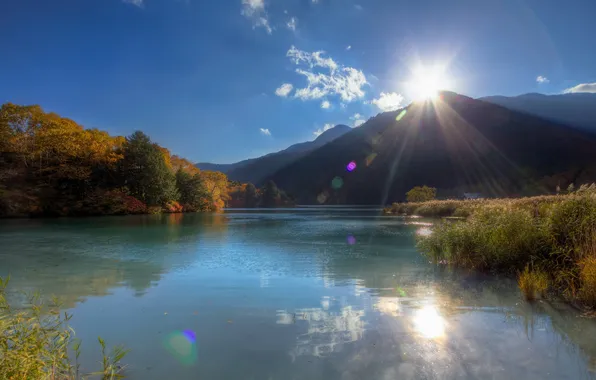 Picture autumn, the sun, rays, trees, mountains, lake