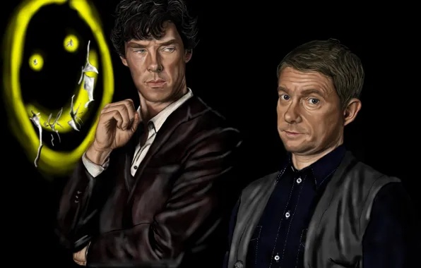 Art, painting, Sherlock Holmes, smiley, Martin Freeman, Benedict Cumberbatch, Sherlock, Sherlock BBC