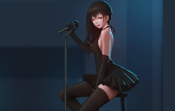 Scene, neckline, microphone, singer, black dress, red eyes, blue background, black stockings