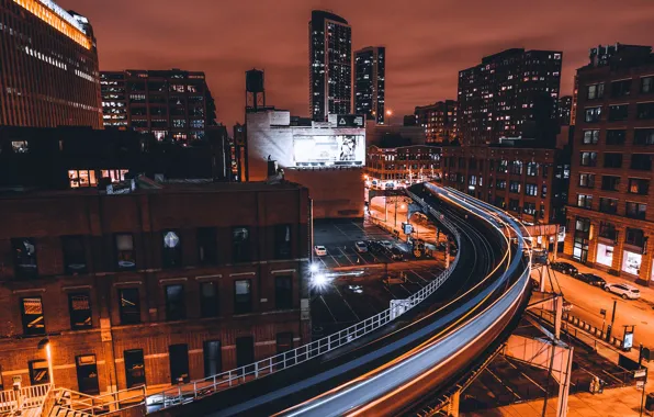 Road, machine, light, bridge, train, skyscrapers, Chicago, architecture