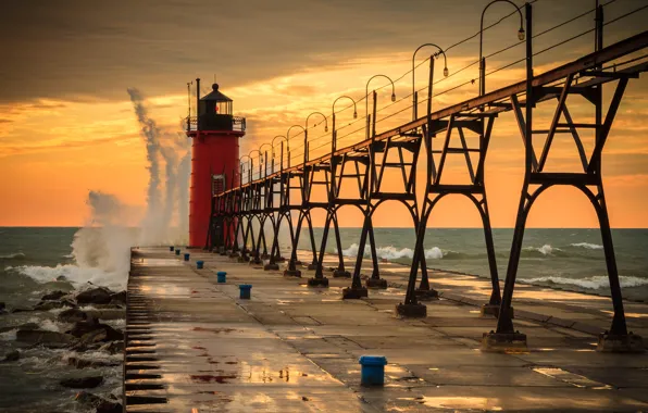 Wave, the sky, water, lighthouse, Michigan, pierce, USA, South Haven