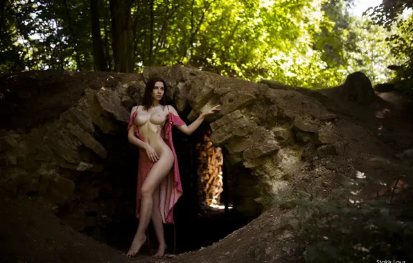 Chest, trees, nature, pose, model, naked, body, barefoot