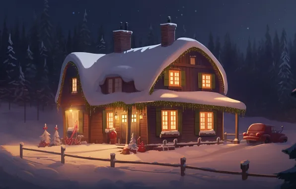 Winter, snow, night, lights, New Year, frost, Christmas, house