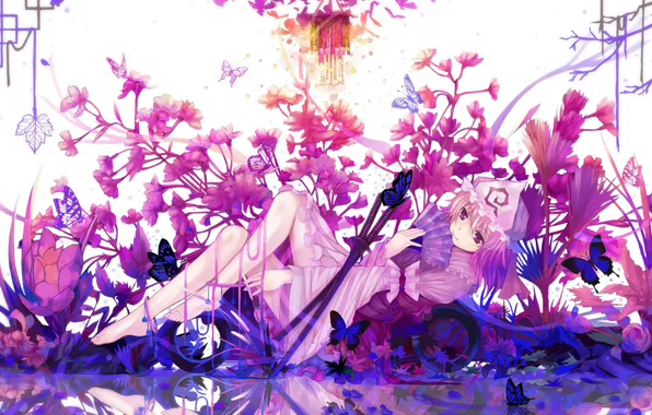 Girl, butterfly, flowers, weapons, katana, anime, art, touhou