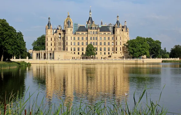 Water, trees, pond, reflection, castle, Germany, reed, Schwerin