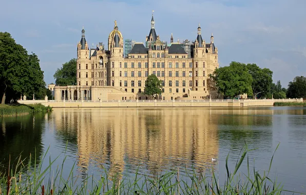 Picture water, trees, pond, reflection, the reeds, castle, Germany, Schwerin