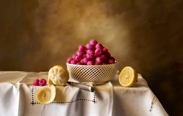 Picture berries, raspberry, table, lemon, knife, dishes, fruit, tablecloth