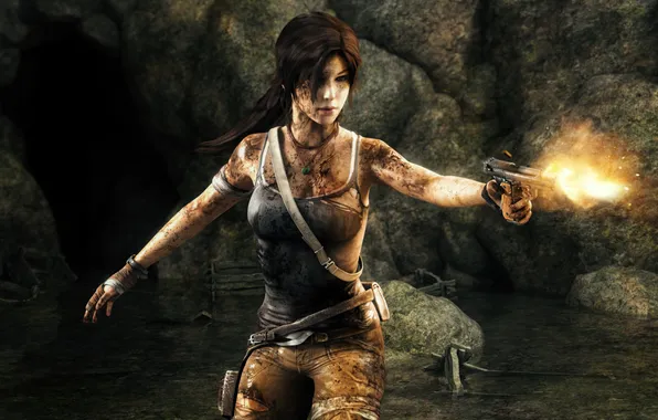 Tomb Raider, blood, pistol, Lara Croft, fanart