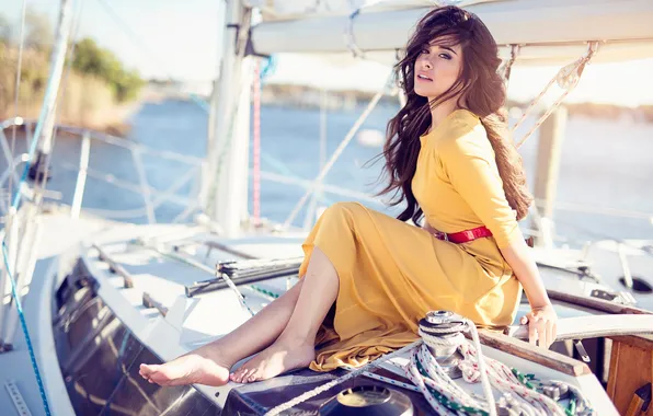 Look, portrait, yacht, dress, in yellow