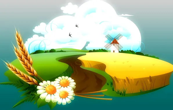 Picture field, the sky, clouds, flowers, birds, nature, chamomile, vector