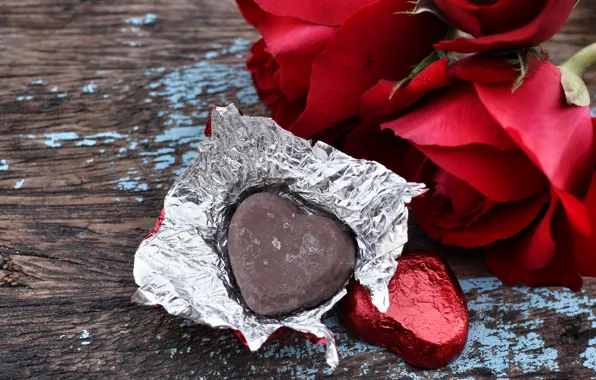 Picture flowers, red, roses, candy, hearts, Valentine's day, bokeh, chocolate