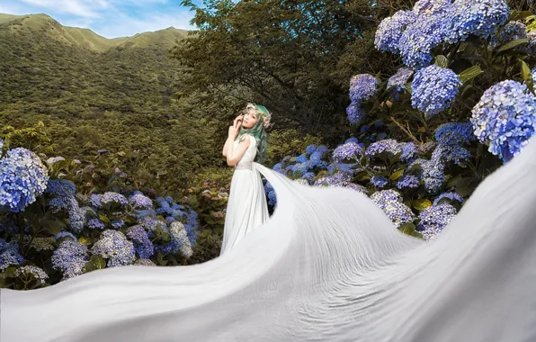 Picture white, summer, girl, trees, flowers, mountains, nature, pose