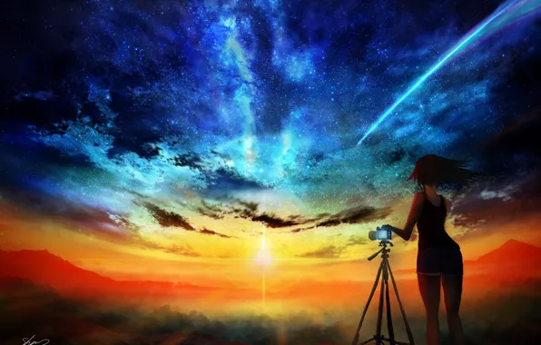 Picture girl, the camera, sunset, the milky way