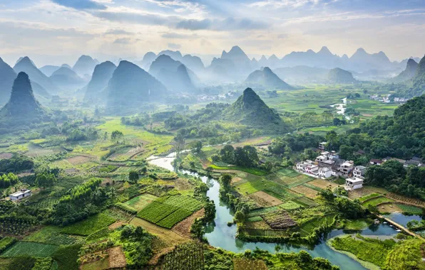 Mountains, river, China, field, village, China, Yangshuo County, Cuiping village