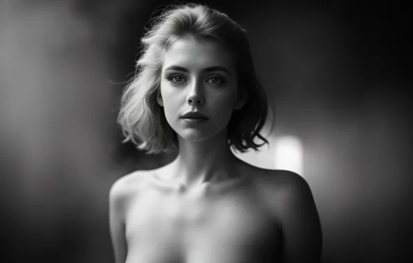 Picture look, girl, face, image, monochrome, black and white photo, digital art, AI art