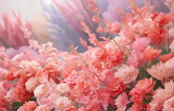 Flowers, branches, bouquet, pink, flowering, AI art, neural network