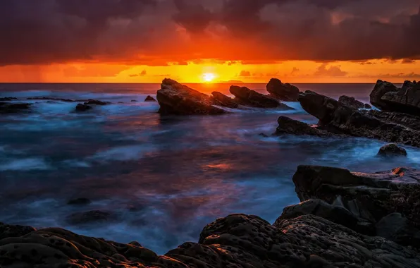 Sea, wave, the sky, the sun, clouds, light, sunset, yellow