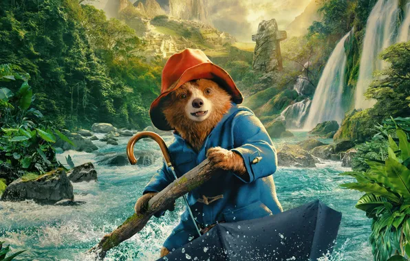 Mountains, river, waterfall, umbrella, jungle, adventure, Paddington, Paddington in Peru