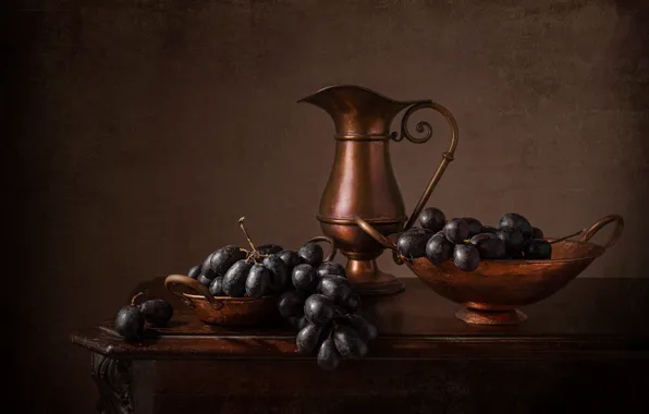 Metal, table, black, grapes, dishes, copper, bowl, pitcher