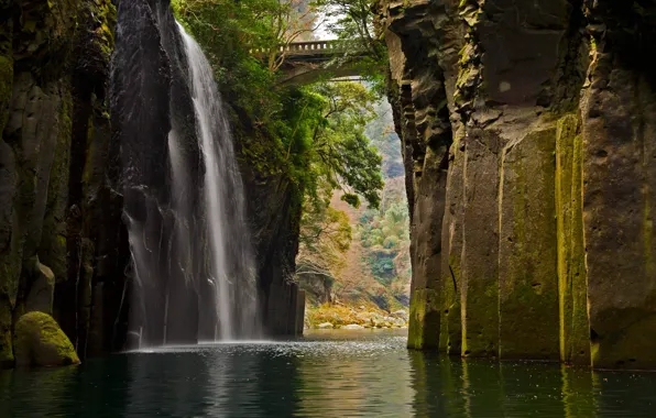 Picture bridge, rocks, waterfall, Japan, Announced, Takachiho gorge
