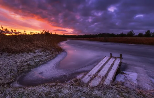 Winter, the sky, sunset, river, Antson Elvis