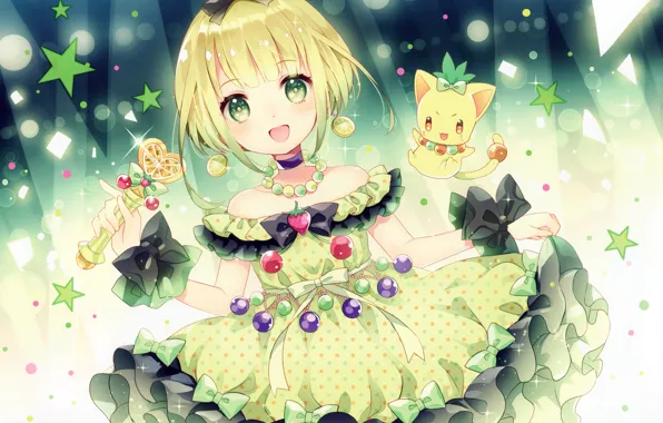 Light, kitty, peas, girl, bow, rod, sorceress, stars