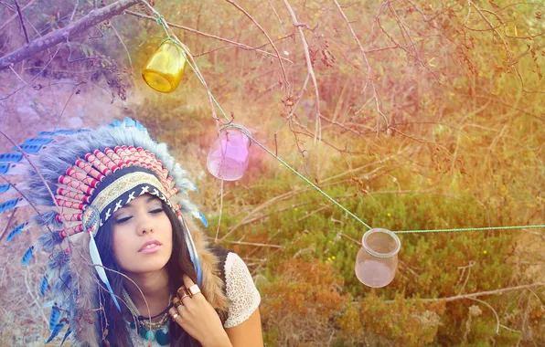 Picture summer, grass, girl, nature, face, feathers, headdress